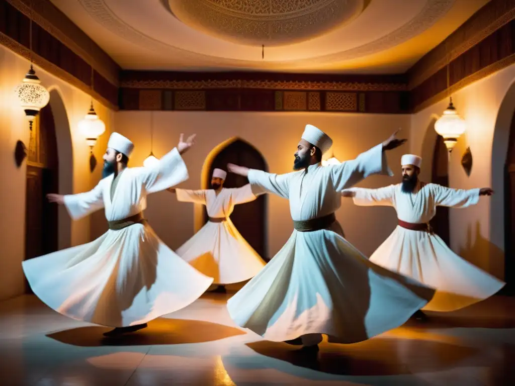 Grupo de derviches giradores sufíes en un ritual de danza, con túnicas blancas y movimientos hipnóticos en una sala decorada