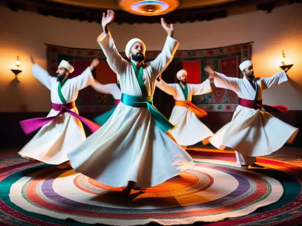 Grupo de derviches sufíes en danza espiritual con túnicas blancas y sashes coloridos en una habitación con luz tenue