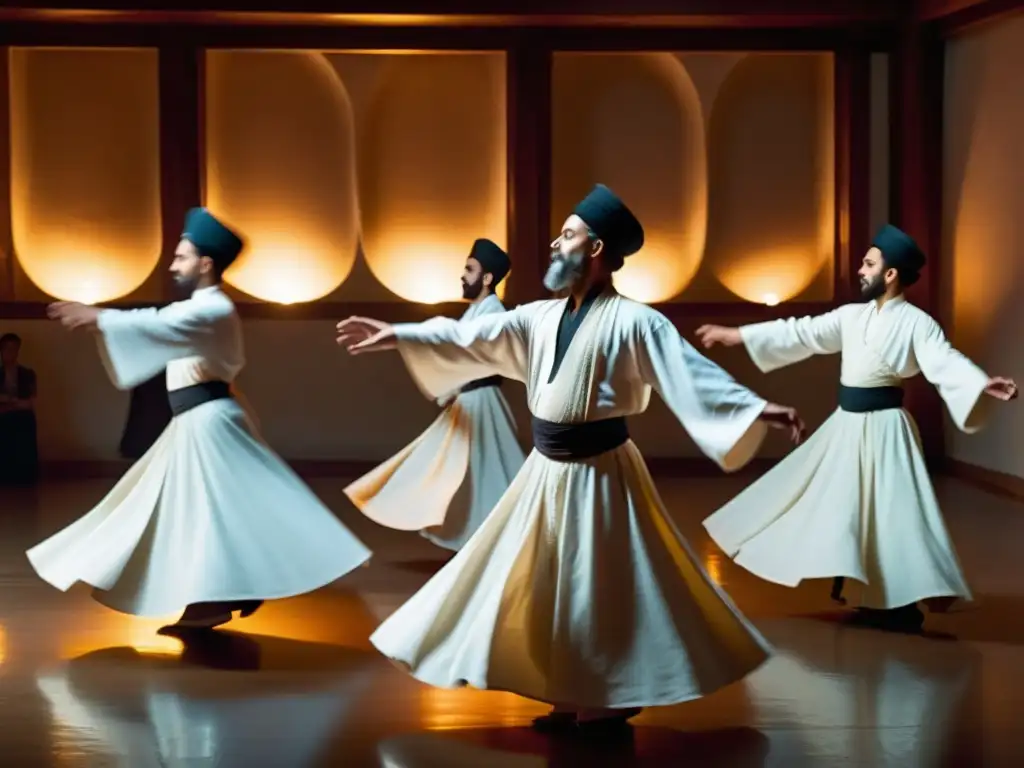 Grupo de derviches sufíes girando en una habitación iluminada, con túnicas blancas ondeando mientras realizan una danza meditativa