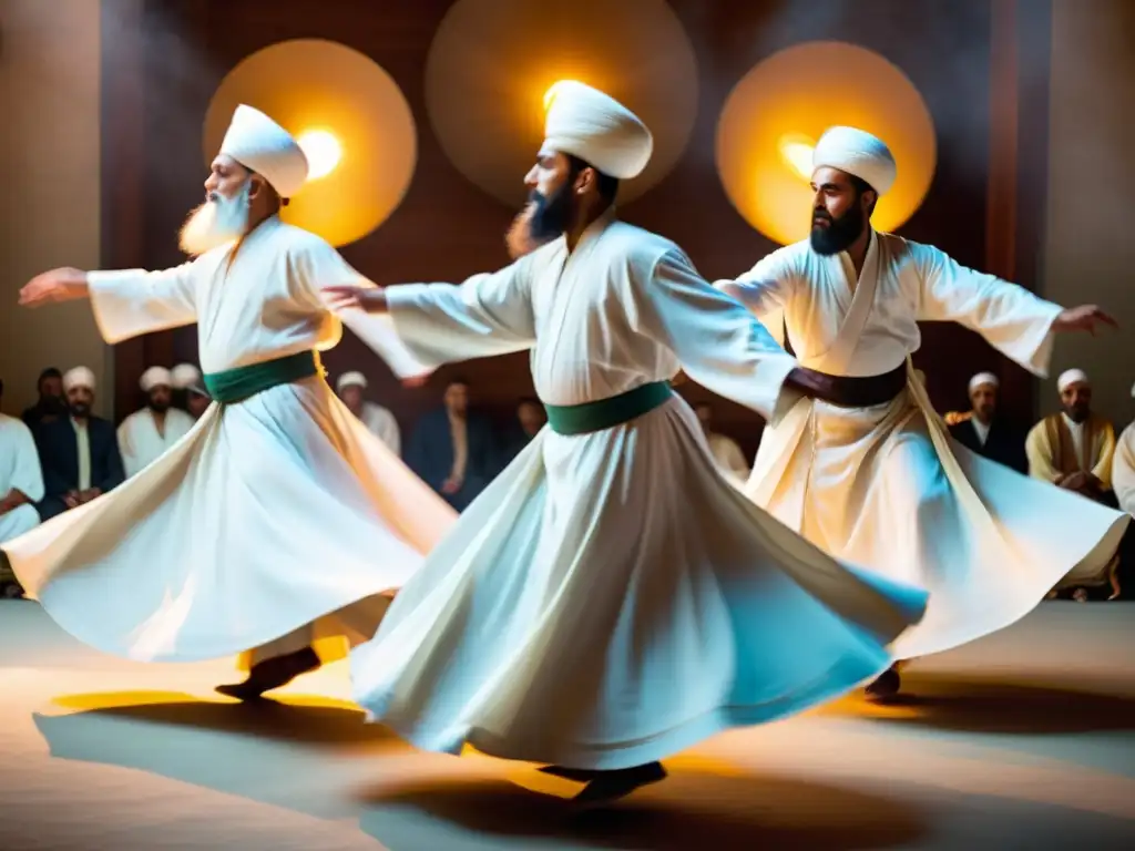 Grupo de derviches sufíes vestidos de blanco girando en un ritual de danza espiritual, evocando misterio y éxtasis espiritual