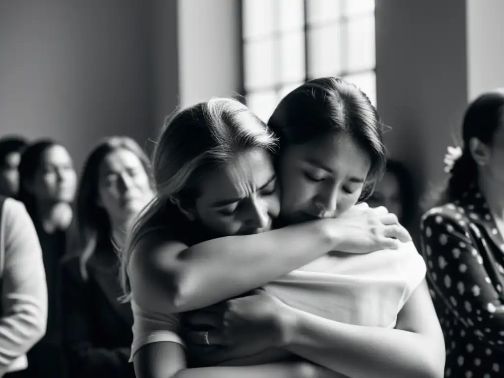 Grupo abrazándose en despedida ser querido, expresando dolor y pérdida con gestos y movimientos emotivos en blanco y negro