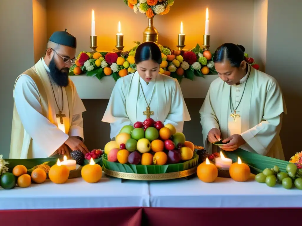 Grupo prepara con devoción frutas, granos y flores en altar para rituales religiosos, creando atmósfera serena y reverente