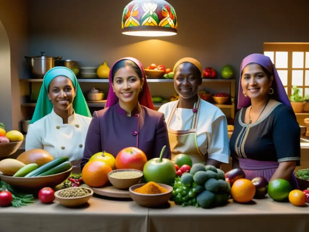 Un grupo de devotos prepara comidas rituales religiosas en una cocina ricamente decorada