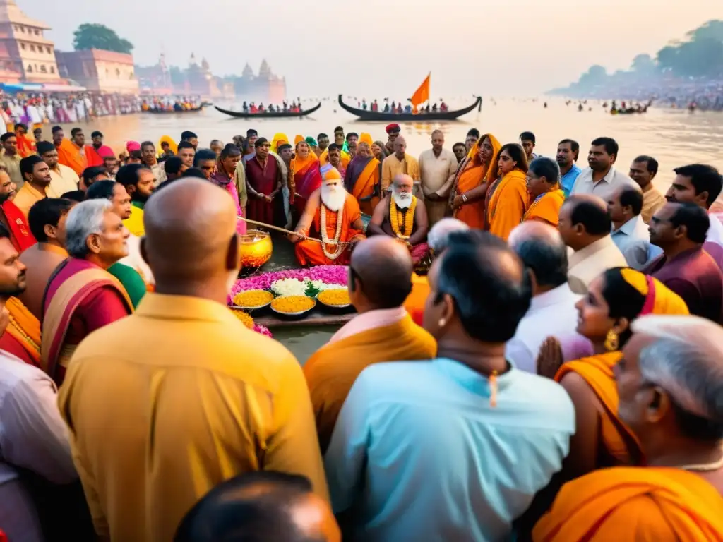 Grupo de devotos hindúes realizando rituales junto al río Ganges durante el festival de Navaratri en Varanasi, India