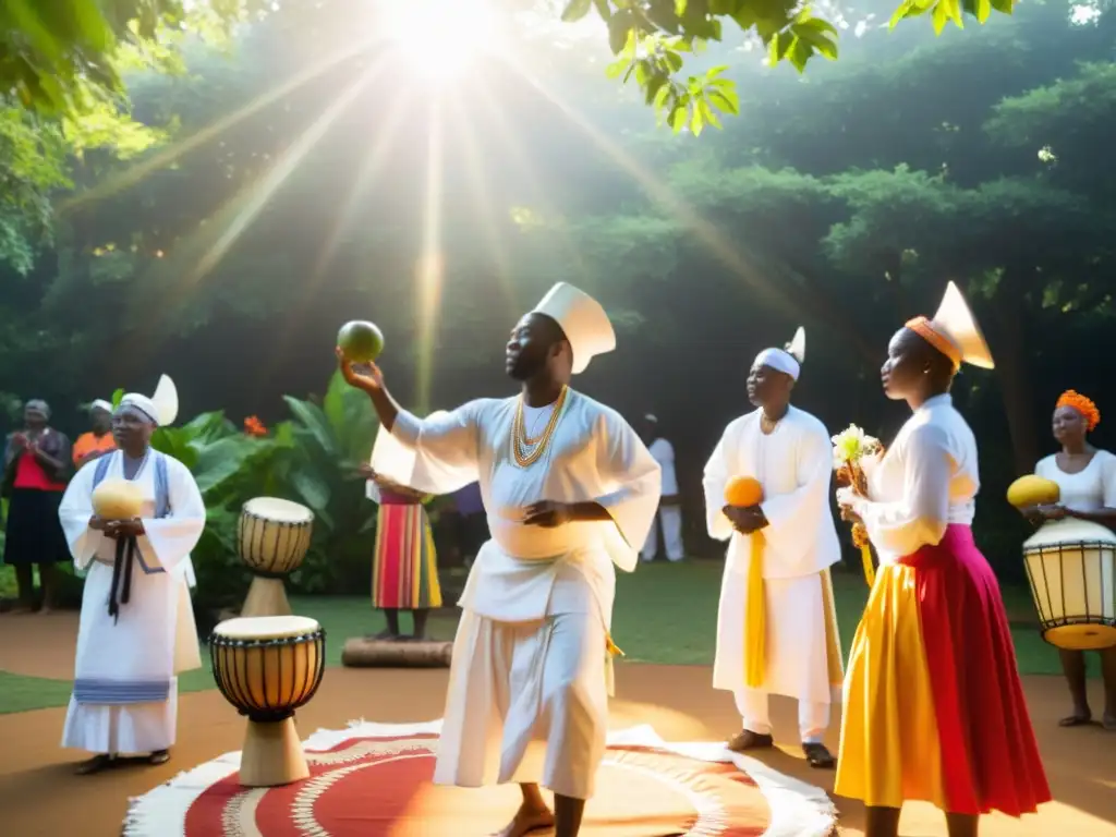 Grupo de devotos Yoruba en ceremonia de danza ritual para honrar a las deidades Orisha en un ambiente sagrado y vibrante