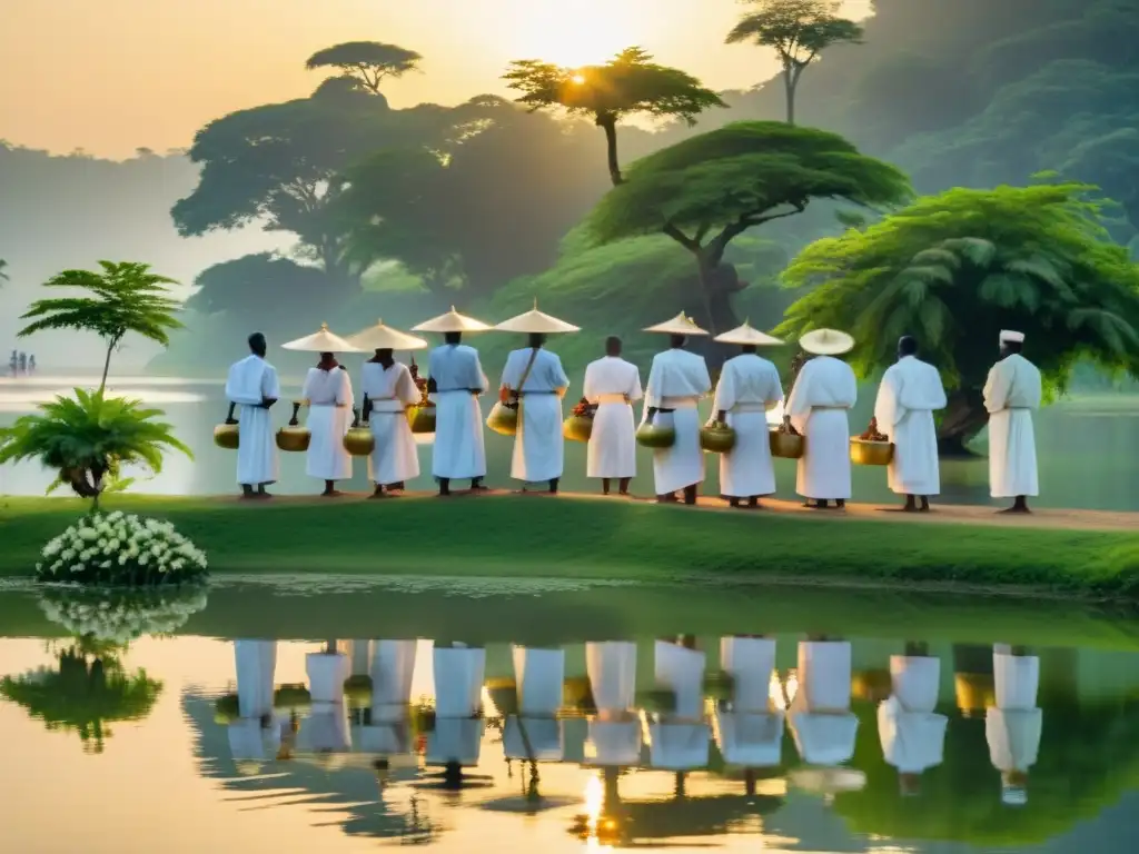 Grupo de devotos Yoruba en peregrinaciones rituales agua sagrada, preparándose para un ritual junto al lago sereno, reflejados en el agua