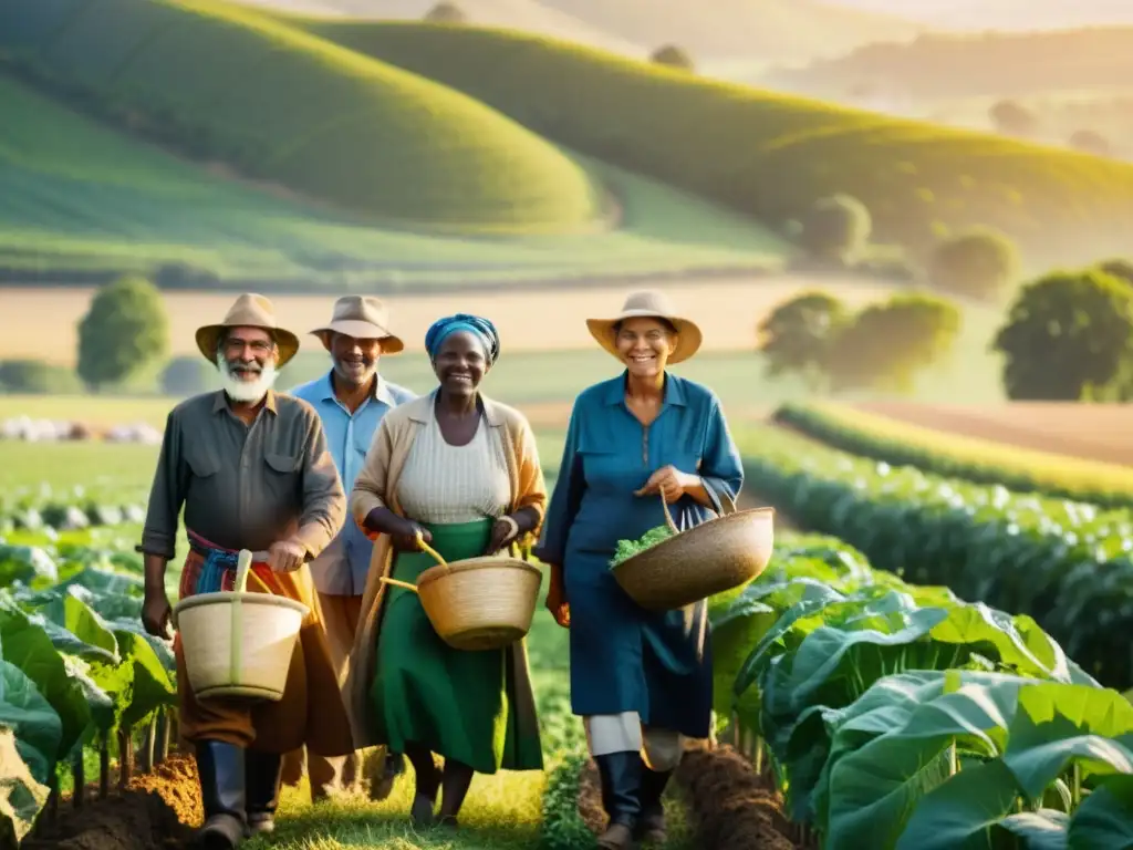 Un grupo diverso de agricultores de diferentes culturas y generaciones trabajando juntos en un campo exuberante, utilizando técnicas agrícolas tradicionales y modernas