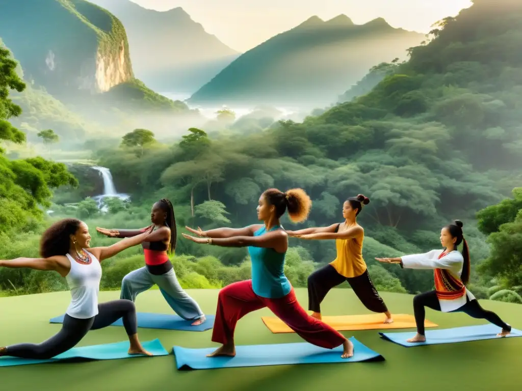 Un grupo diverso de atletas practica rituales de ejercicio como yoga, tai chi y danzas tribales en un escenario exterior, rodeado de naturaleza