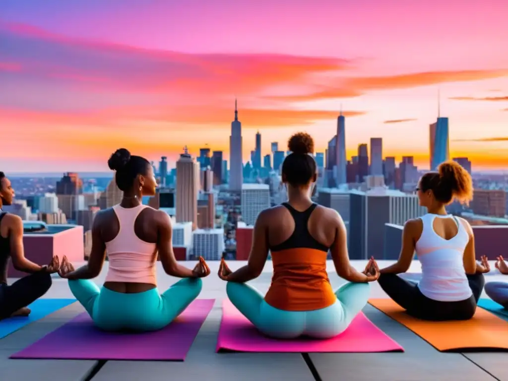 Un grupo diverso practica yoga en una azotea al atardecer, con la ciudad de fondo