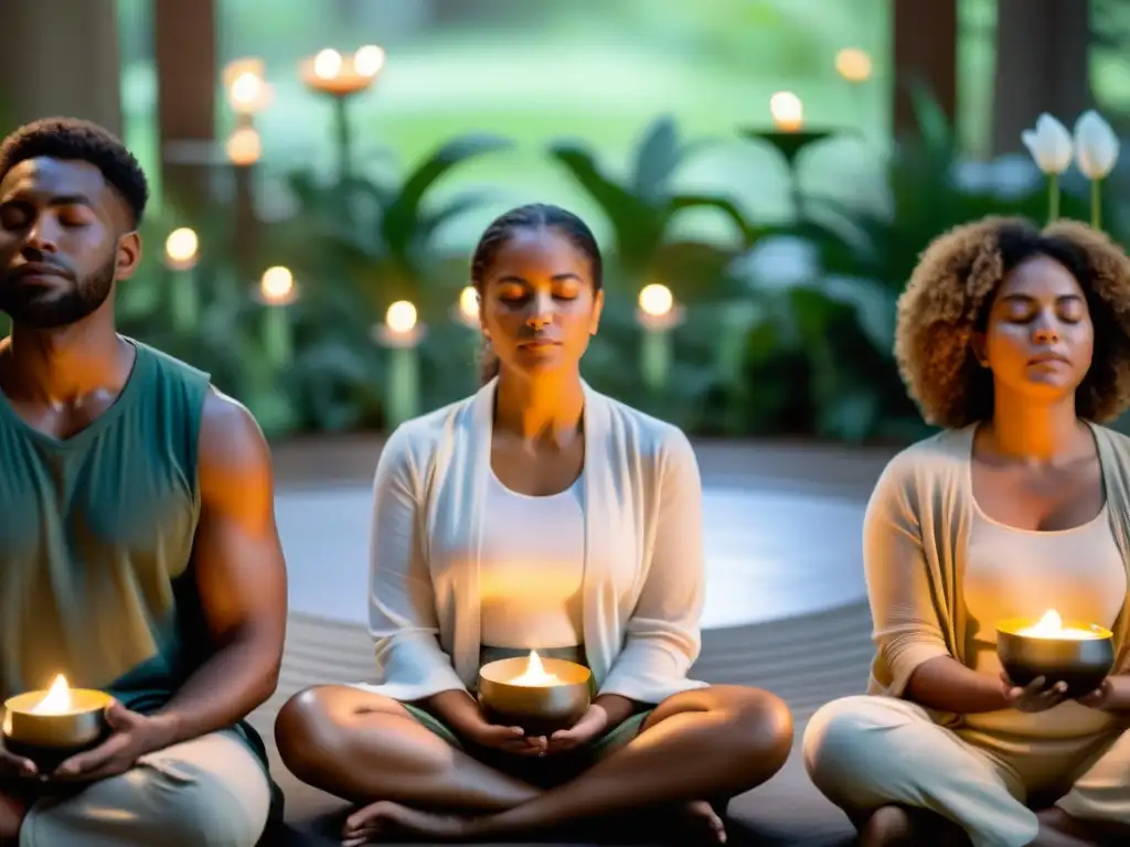 Grupo diverso en círculo meditando con guía espiritual en taller prácticas contemplativas vida espiritual