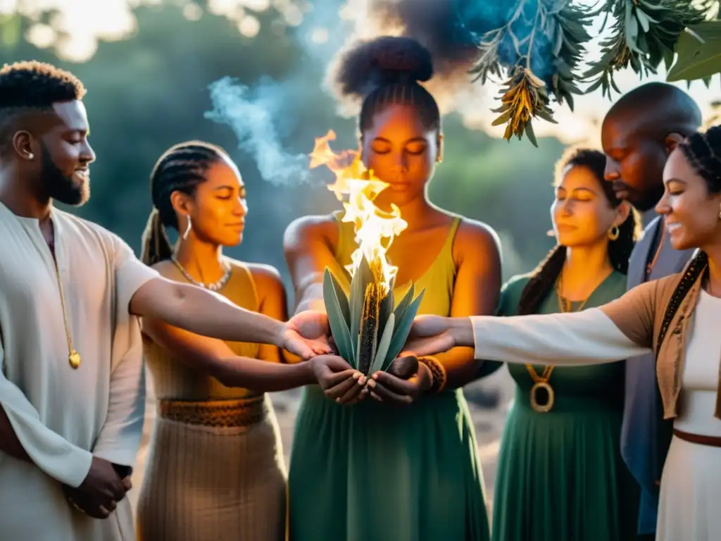 Grupo diverso en círculo, con ojos cerrados, rodeados de humo de salvia y palo santo en protesta social