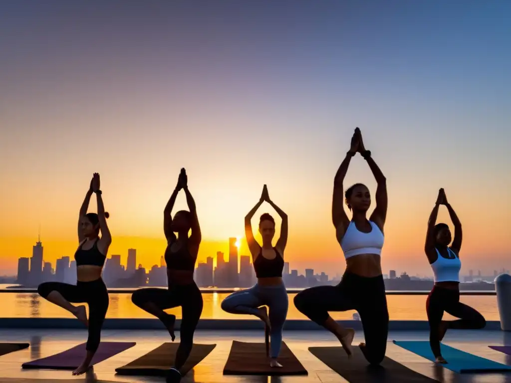 Grupo diverso practica yoga al amanecer en la ciudad, capturando rituales de bienestar en la ciudad