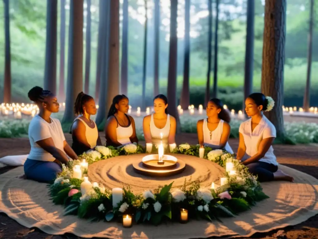 Un grupo diverso se reúne en un claro soleado del bosque, sosteniendo un ritual de duelo en círculo alrededor de un altar adornado