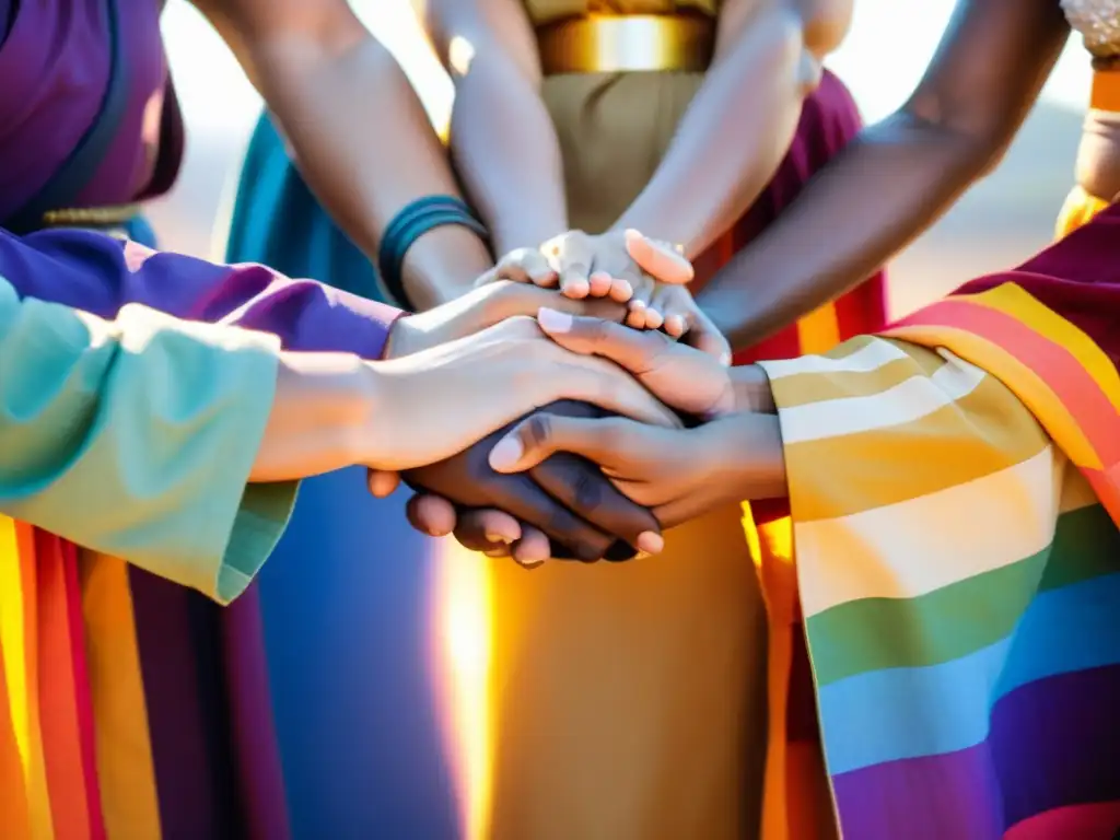 Grupo diverso de la comunidad LGBTQ+ participando en un ritual sagrado al aire libre, simbolizando la unidad y celebración de su identidad