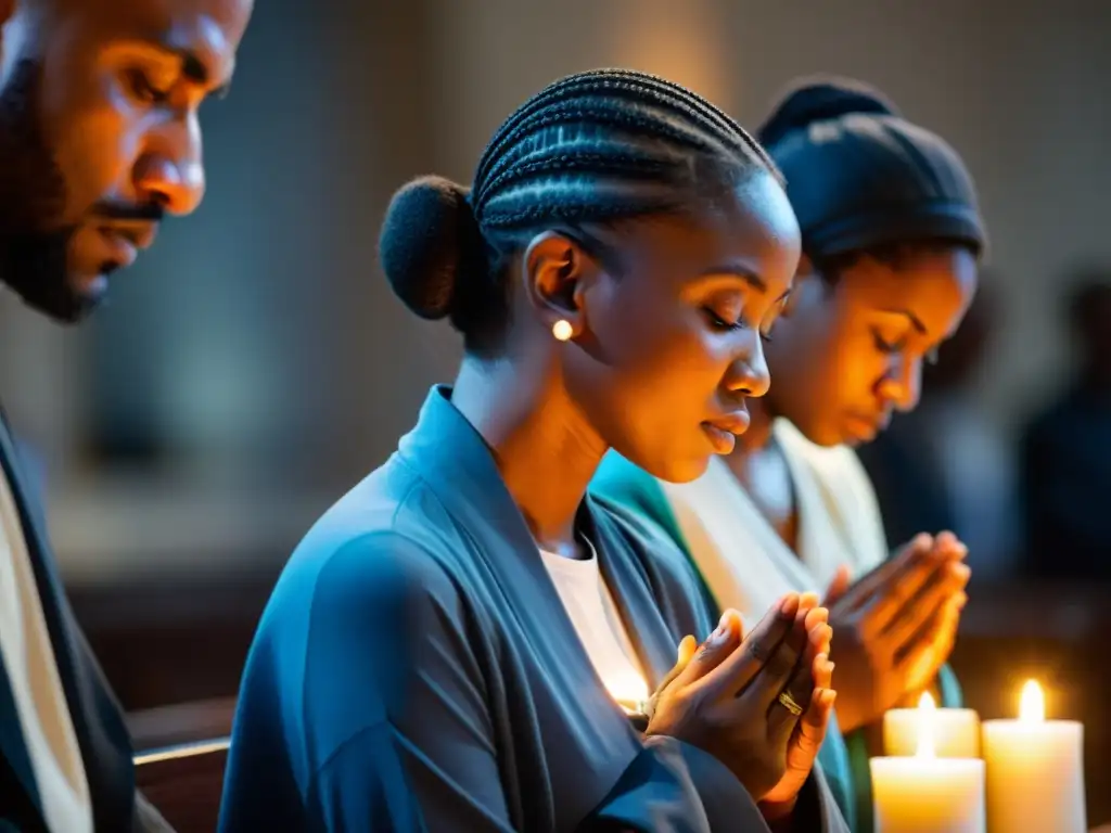 Grupo diverso de cristianos se reúne en iglesia iluminada con velas para participar en ayuno cristiano como disciplina espiritual