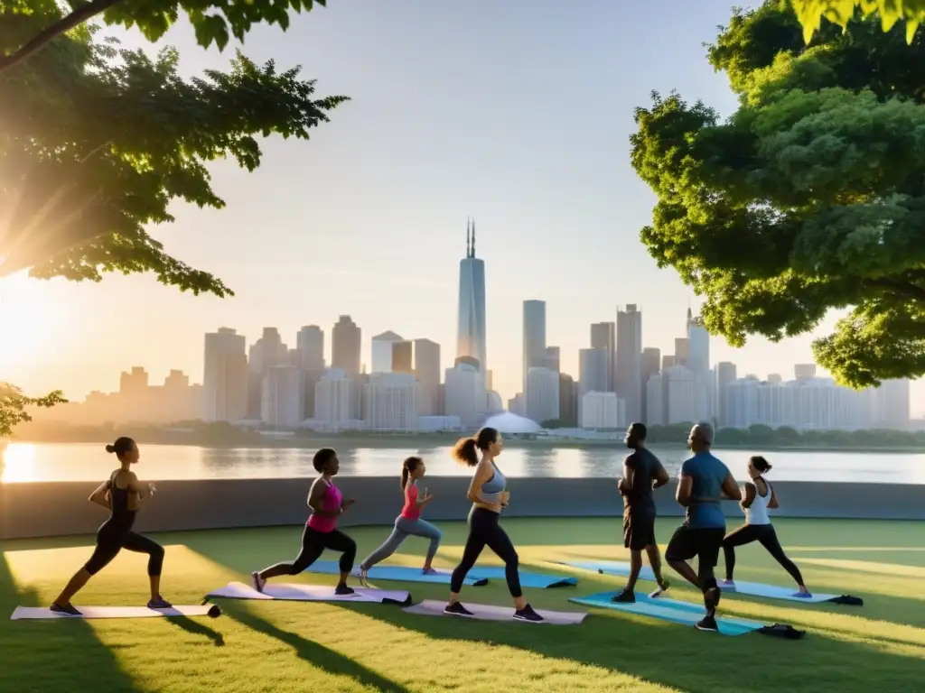 Grupo diverso haciendo ejercicio al amanecer en el parque de la ciudad