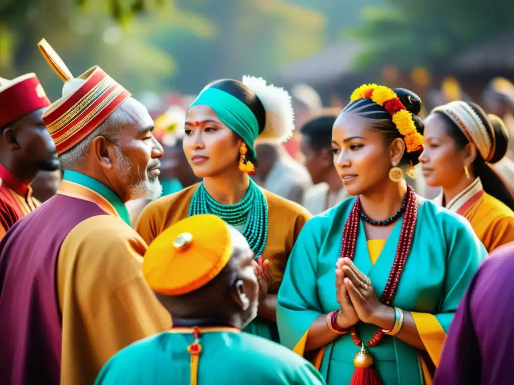 Un grupo diverso participa en un emotivo ritual de agradecimiento y prosperidad en un entorno natural, reflejando la riqueza cultural