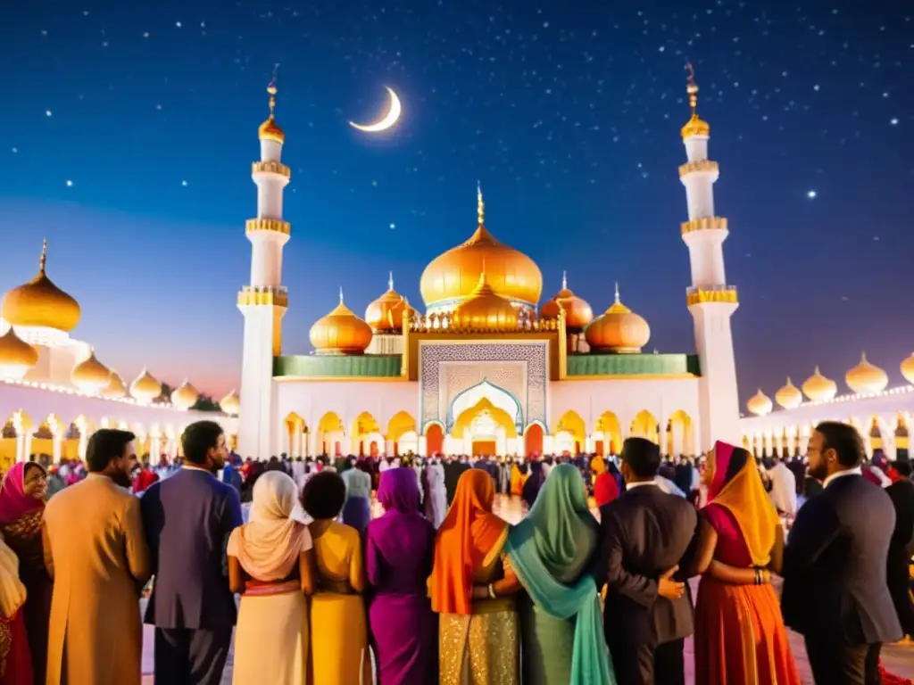 Grupo diverso celebra Eid alFitr frente a una hermosa mezquita iluminada, con un ambiente festivo y significado profundo