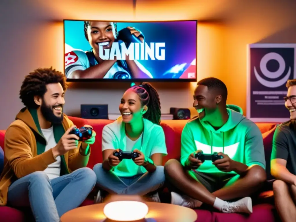 Un grupo diverso de gamers disfruta de los beneficios de los rituales de gaming, inmersos en la camaradería y la diversión