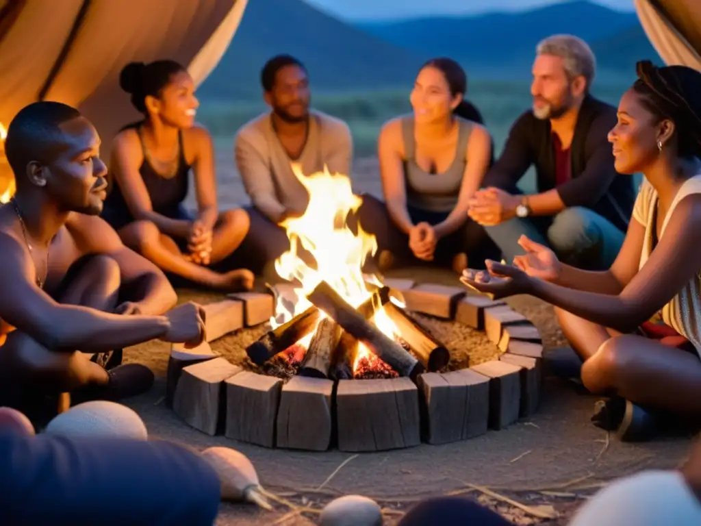 Grupo diverso escucha historias junto al fuego, creando conexión y sabiduría ancestral