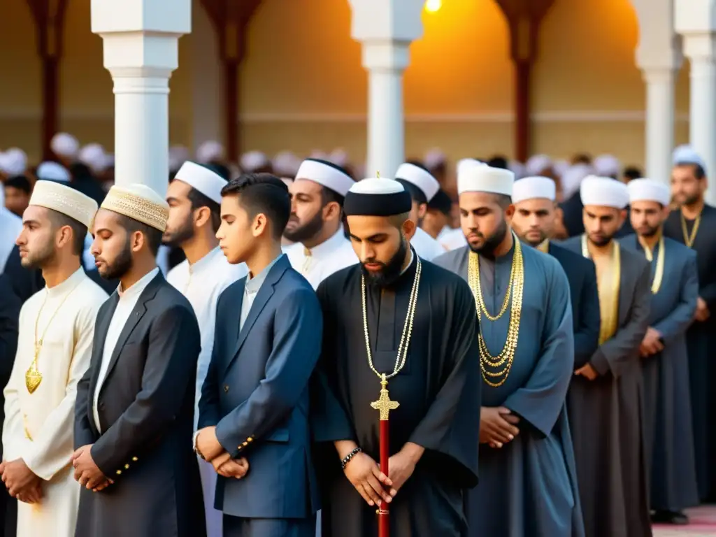 Un grupo diverso de hombres y niños musulmanes en atuendo tradicional observan solemnemente la conmemoración de Ashura en el patio de una mezquita al atardecer, creando una escena serena y contemplativa que refleja la importancia de Ashura en el Islam