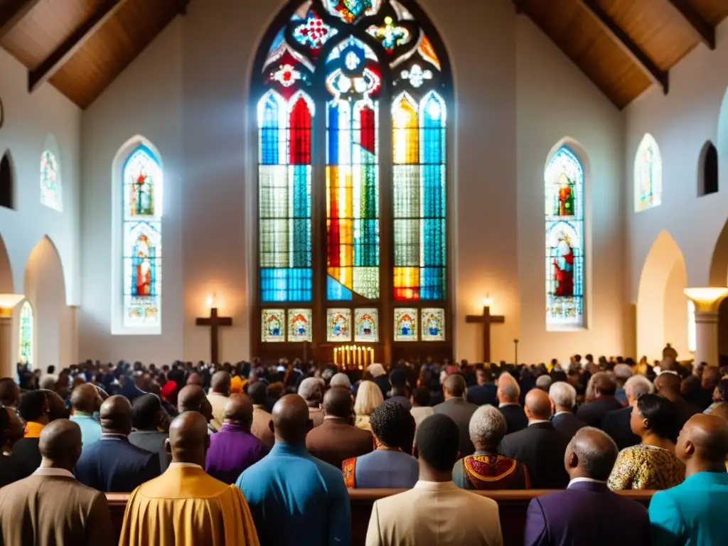 Grupo diverso en iglesia, manos alzadas en oración, rostros expresan devoción, iluminados por luz natural