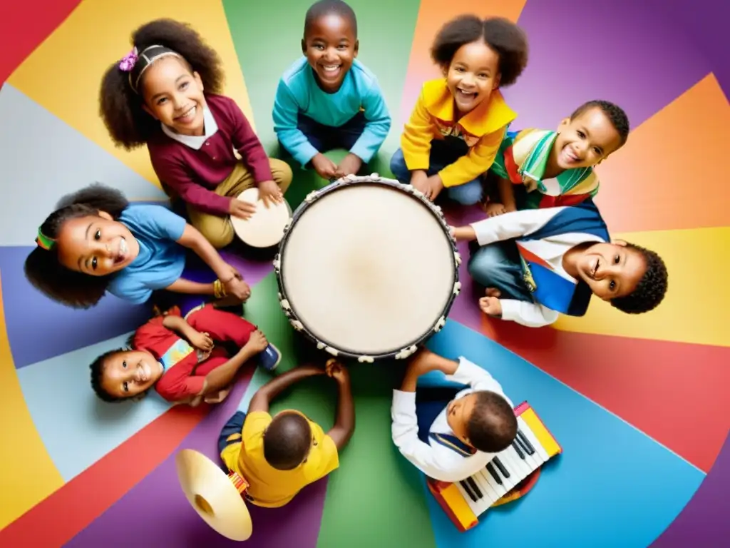 Grupo diverso de niños tocando instrumentos musicales, unidos por la música y la diversidad cultural