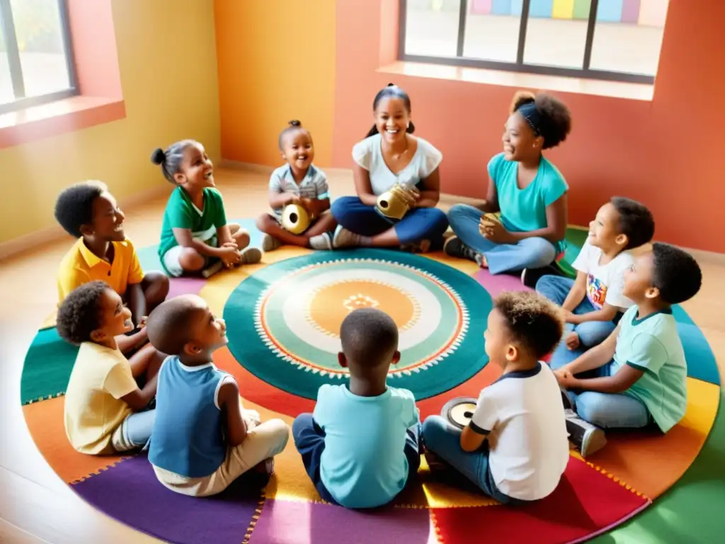 Grupo diverso de niños participando en rituales musicales para su desarrollo, rodeados de instrumentos en una escena alegre y educativa