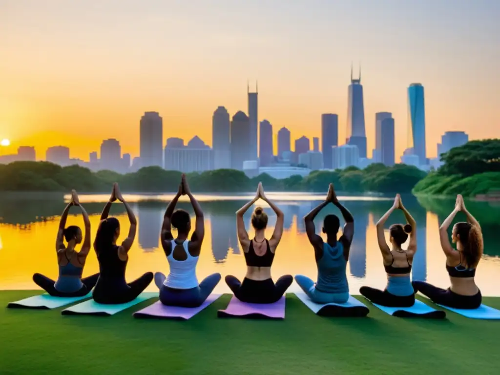 Un grupo diverso practica yoga al amanecer en un parque urbano, con la ciudad de fondo