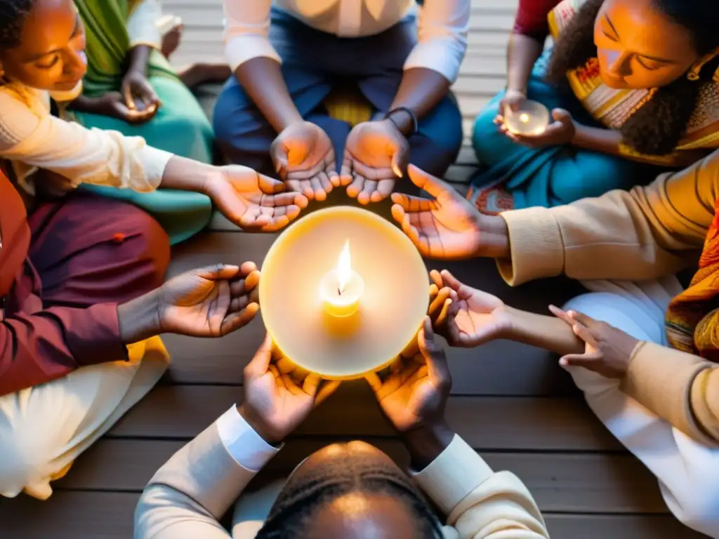 Un grupo diverso de personas se reúne en círculo para ayunar juntas en un ritual espiritual, sosteniendo velas y meditando en unidad