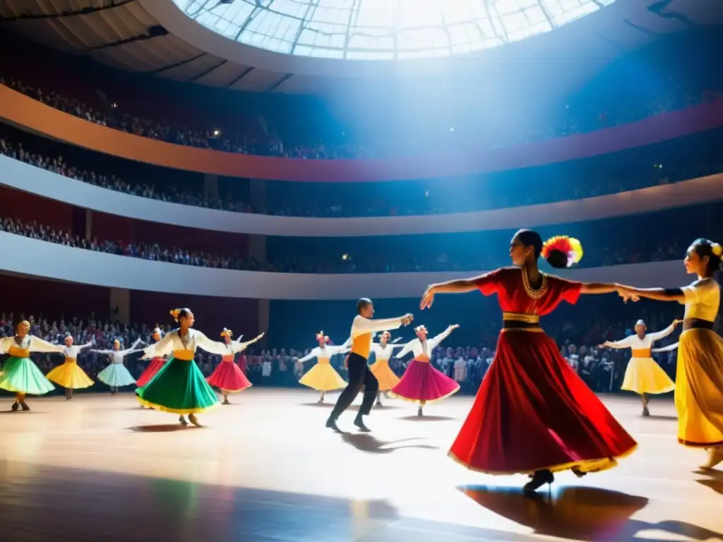 Un grupo diverso de personas de diferentes edades y orígenes danzan en un espacio amplio y luminoso, vistiendo trajes tradicionales coloridos