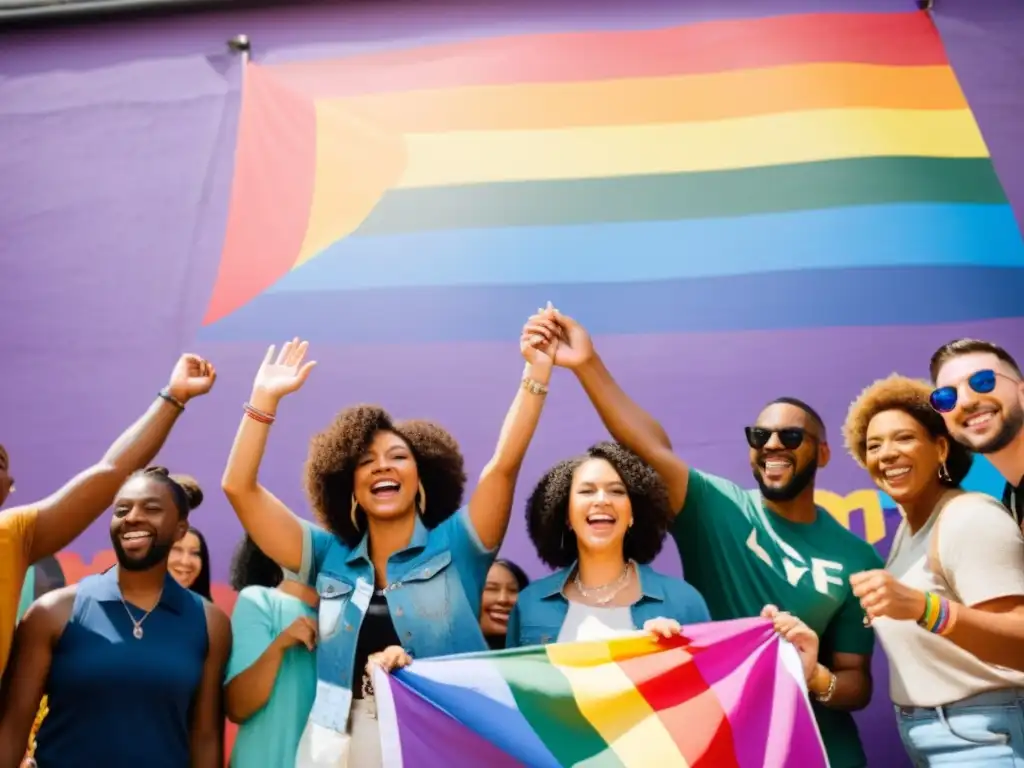 Un grupo diverso de personas LGBTQ+ se une en un círculo, levantando sus manos en un ritual de afirmación LGBTQ+ frente a un mural colorido