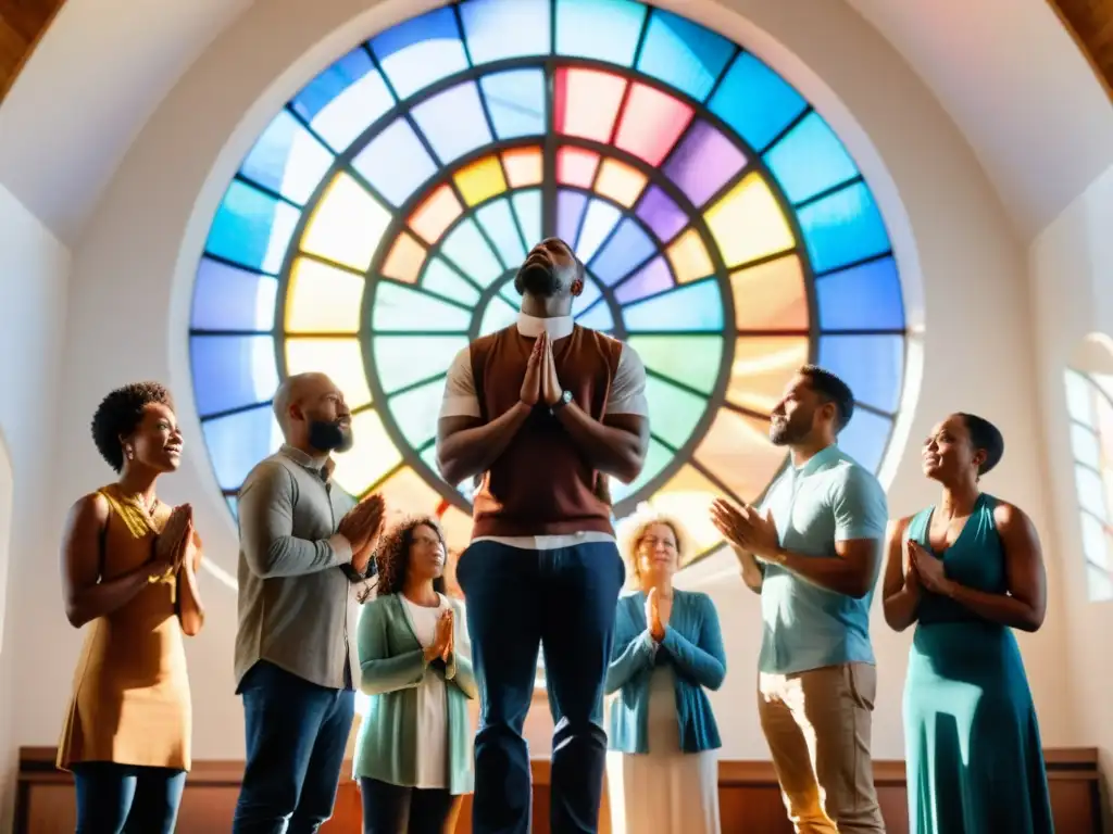 Un grupo diverso de personas se sostienen de la mano en oración en una iglesia moderna con vitrales coloridos y luz solar