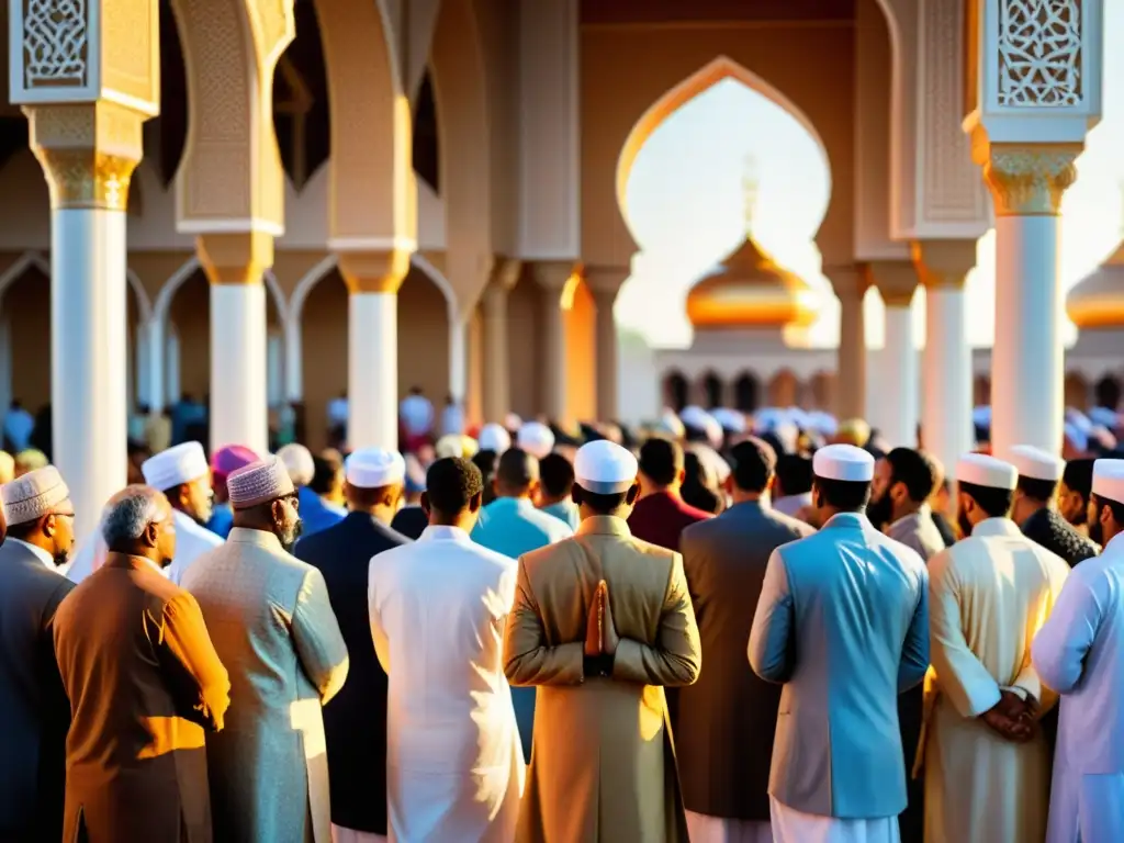 Un grupo diverso de personas rezando afuera de una mezquita, con vestimenta tradicional vibrante y detalles arquitectónicos