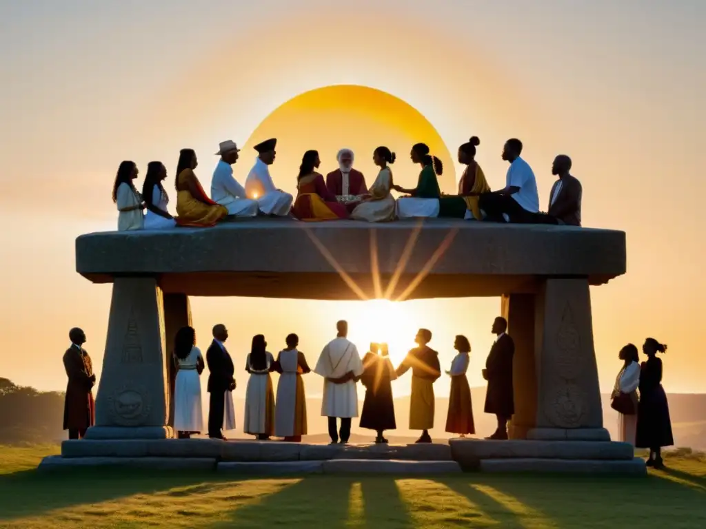 Un grupo diverso de personas se reúne alrededor de un monumento de piedra al atardecer, en una celebración de solsticio o equinoccio