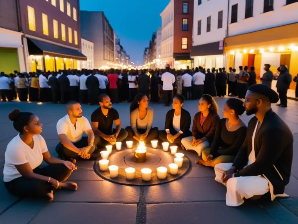 Un grupo diverso de personas realizando un ritual con velas en una esquina urbana al anochecer