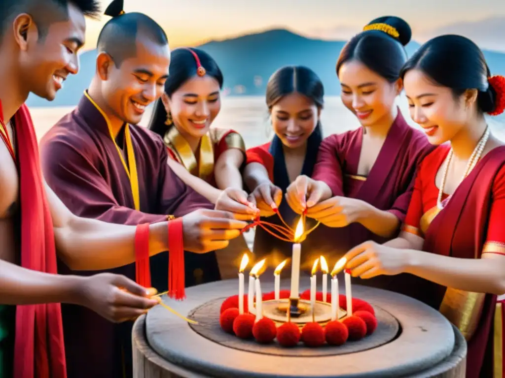 Un grupo diverso de personas participando en rituales de Año Nuevo para suerte y amor, con colores vibrantes y detalles culturales