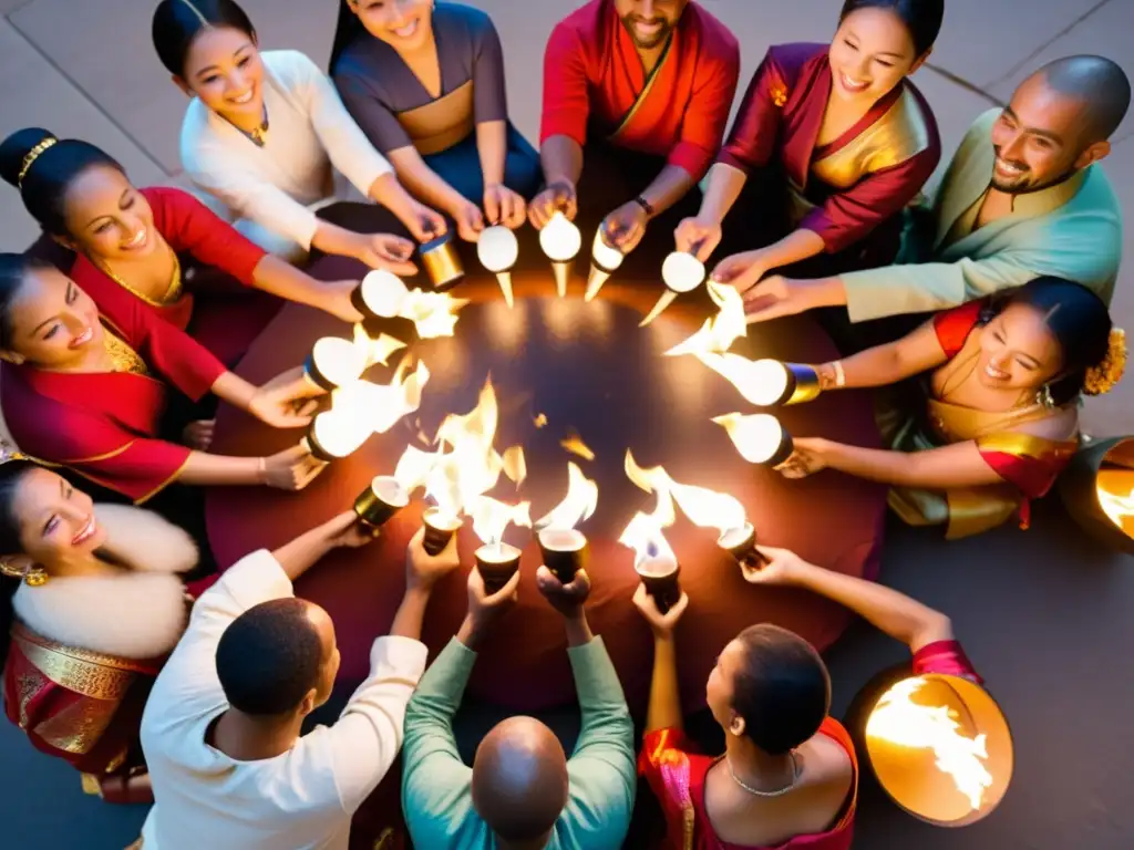 Un grupo diverso de personas participa en rituales festivos alrededor del mundo, luciendo trajes tradicionales junto a decoraciones festivas variadas