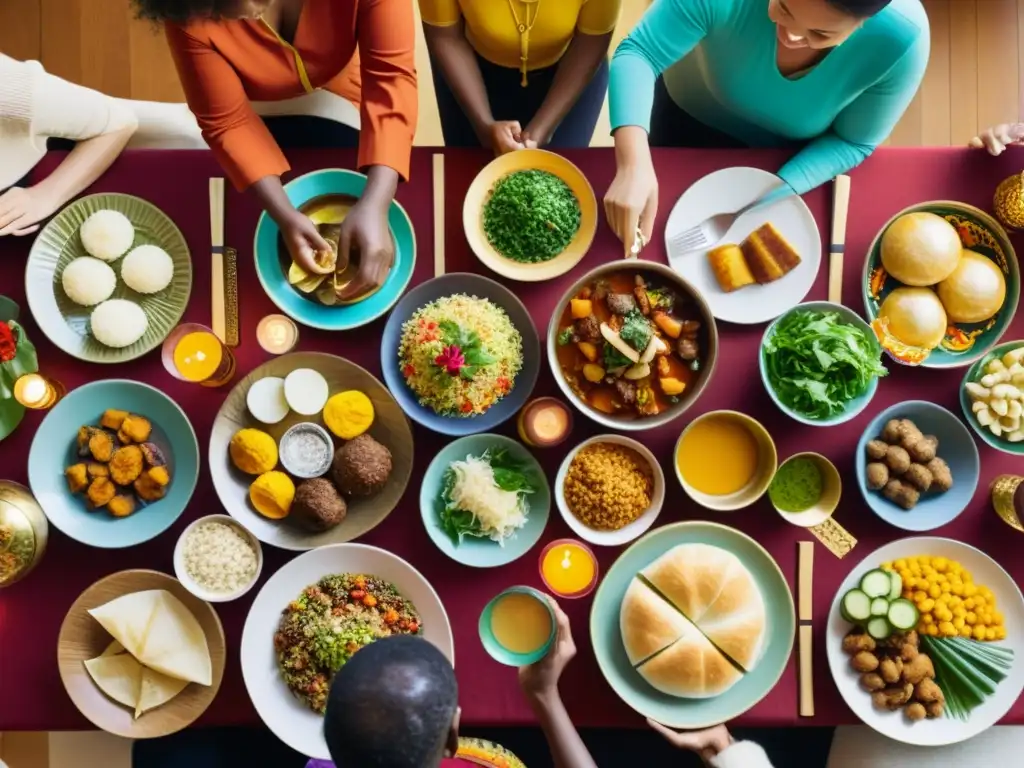 Un grupo diverso de personas prepara y comparte rituales gastronómicos de Año Nuevo de diferentes culturas alrededor de una mesa colorida y vibrante