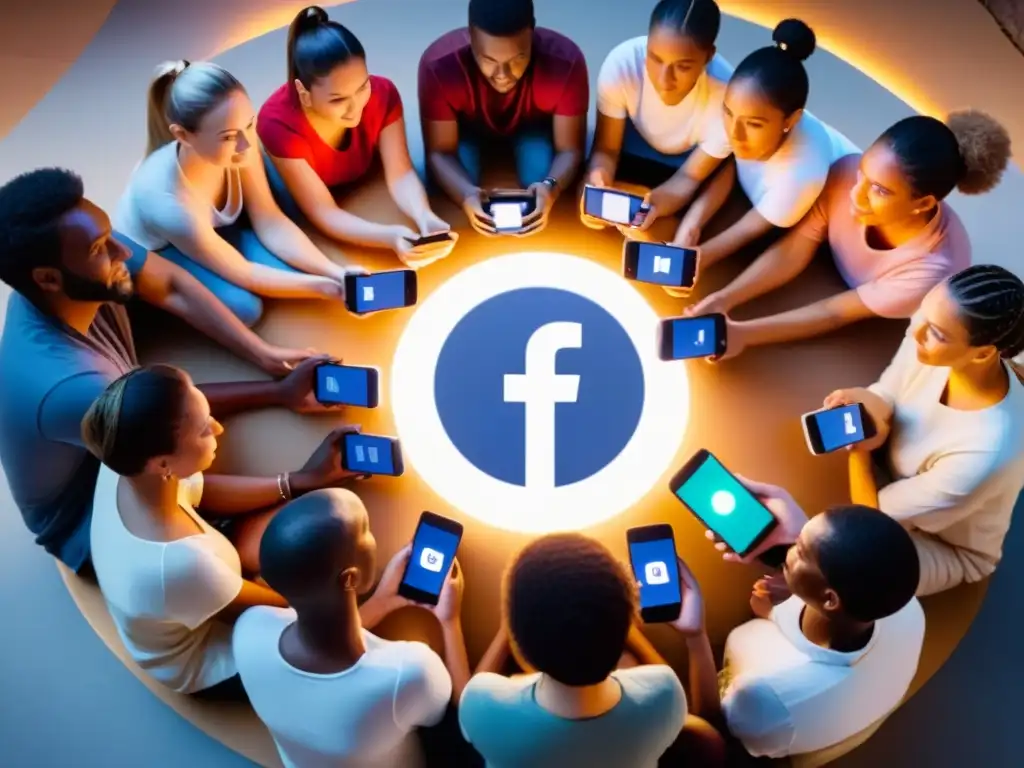 Grupo diverso en ritual comunitario en Facebook, concentrados en sus smartphones, conectando en la era digital