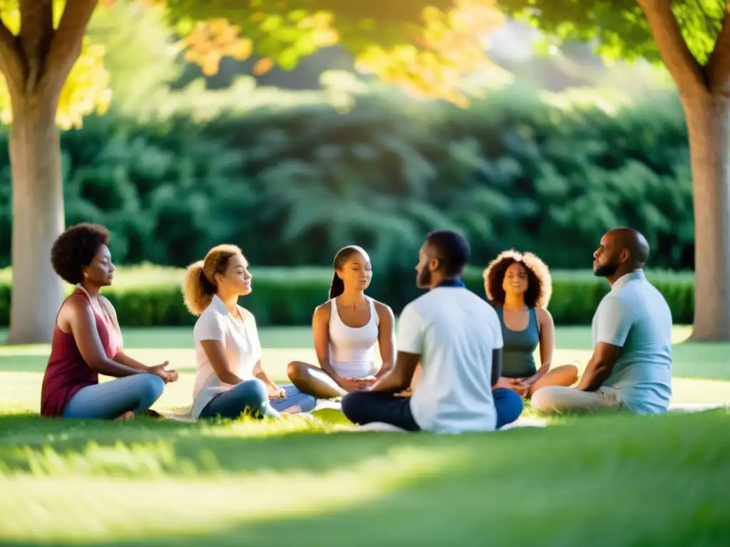 Un grupo diverso participa en un ritual de Mindfulness terapia contemporánea bajo los árboles, creando una atmósfera serena y conectada