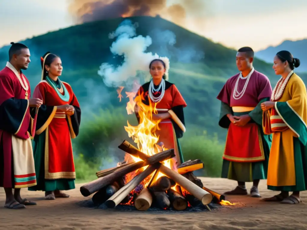 Grupo diverso participa en ritual alrededor del fuego sagrado, preservación de rituales culturales en Internet