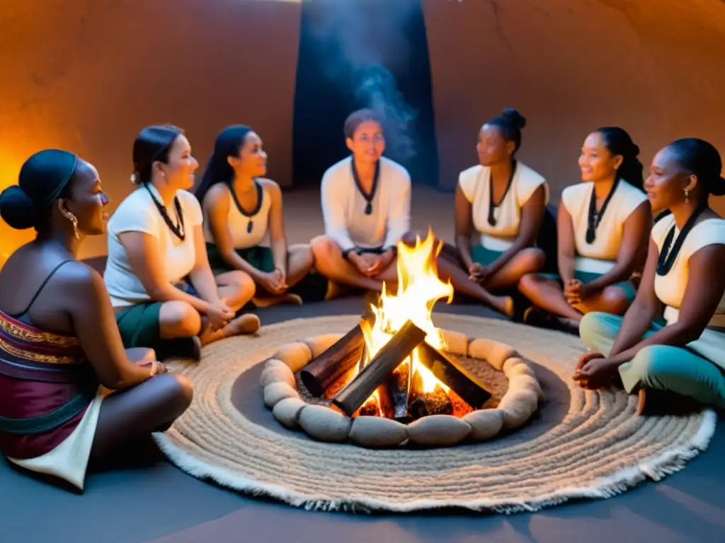 Un grupo diverso participa en un ritual alrededor del fuego durante un taller vivencial