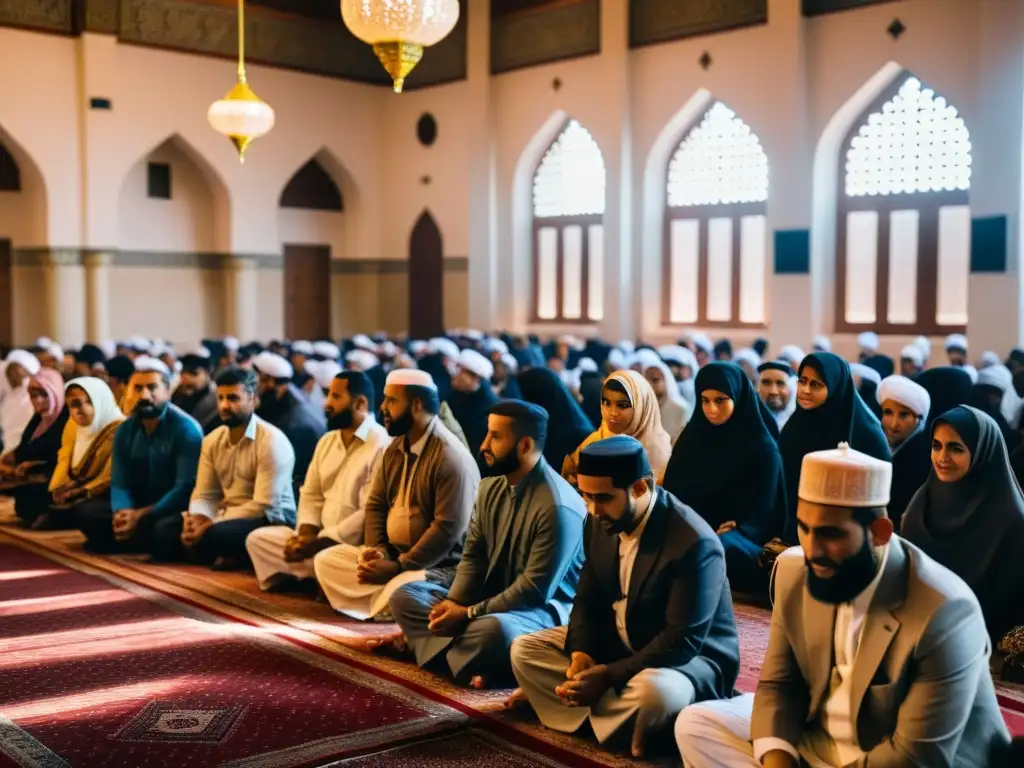 Un grupo diverso participa en el ritual de zakat en una mezquita, reflejando la importancia de la práctica de caridad en el Islam