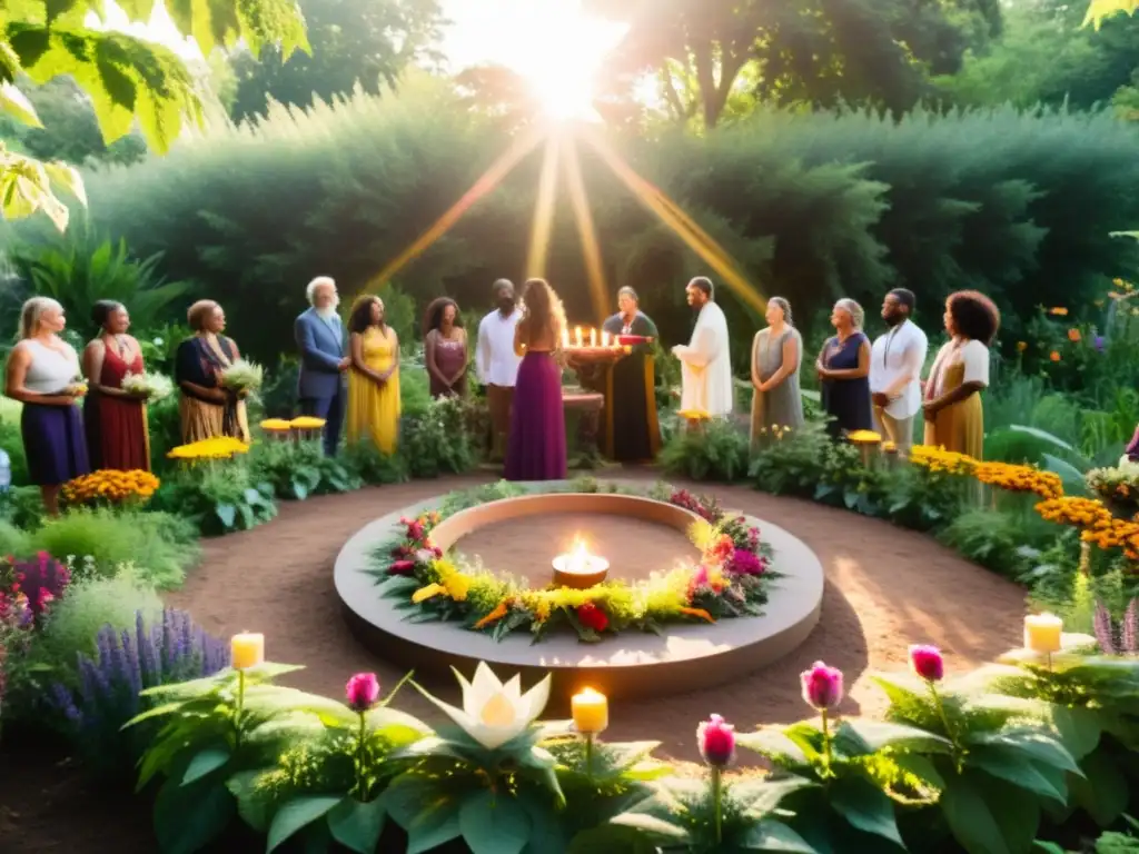 Grupo diverso realiza ritual sagrado en jardín de permacultura, integración de prácticas sagradas en permacultura