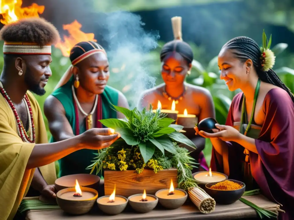 Grupo diverso en ritual sanación con hierbas, integrando tradiciones y culturas