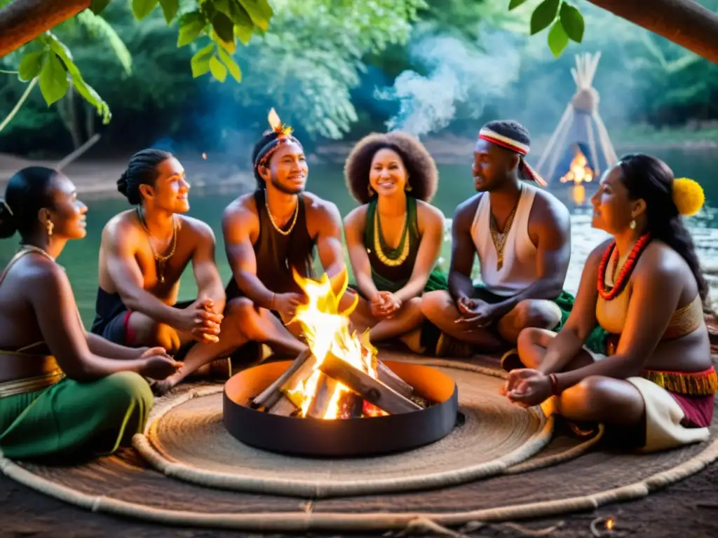 Grupo diverso en ritual de sanación, vestidos en atuendos ceremoniales, rodean fuego en la naturaleza