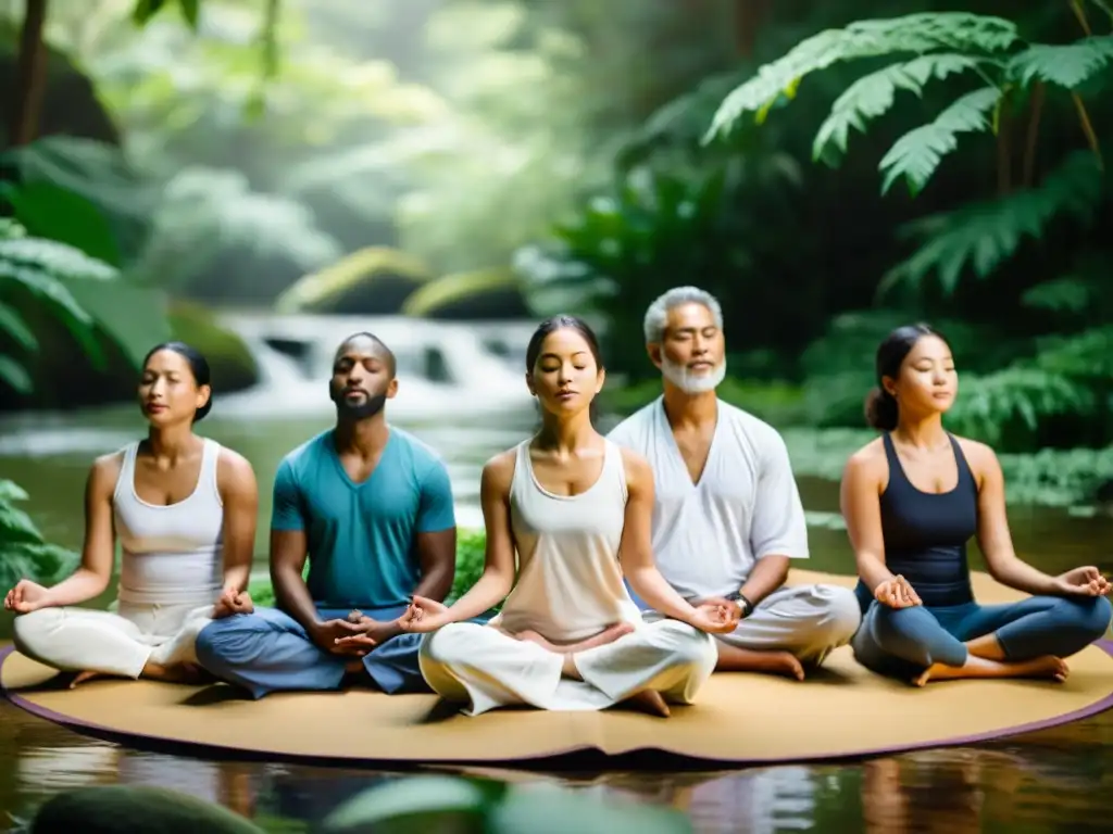 Un grupo diverso practica rituales de amor benevolente en un entorno natural sereno, con expresiones pacíficas