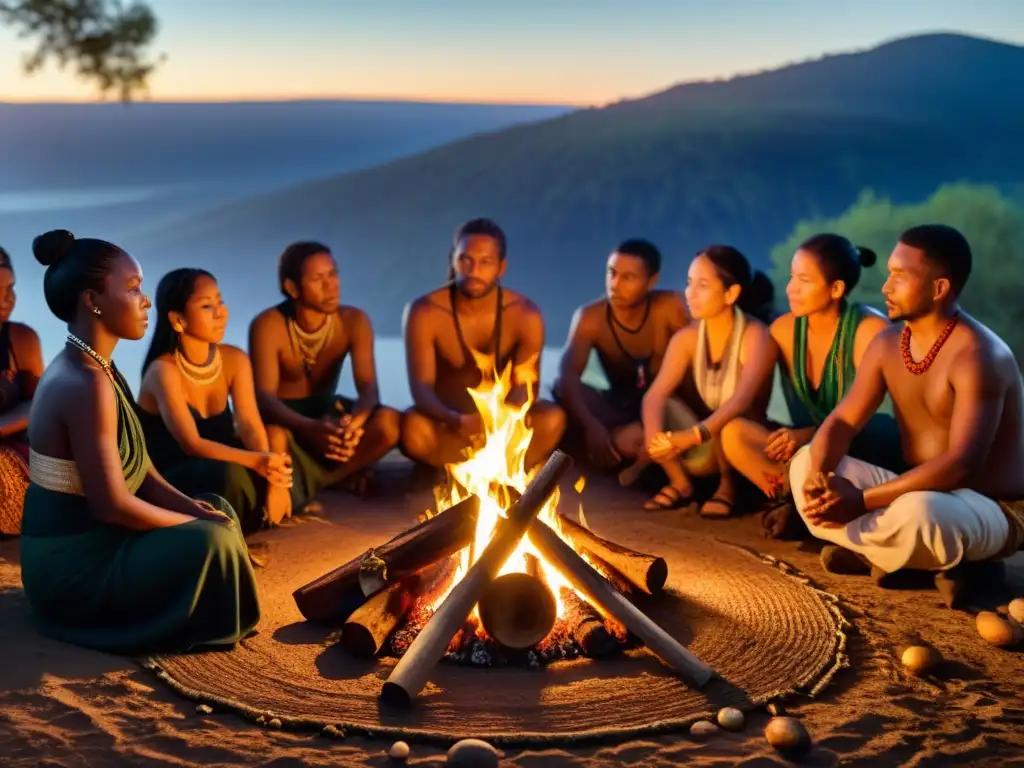 Un grupo diverso participa en rituales ancestrales del mundo alrededor de una fogata, con una atmósfera espiritual y reverente