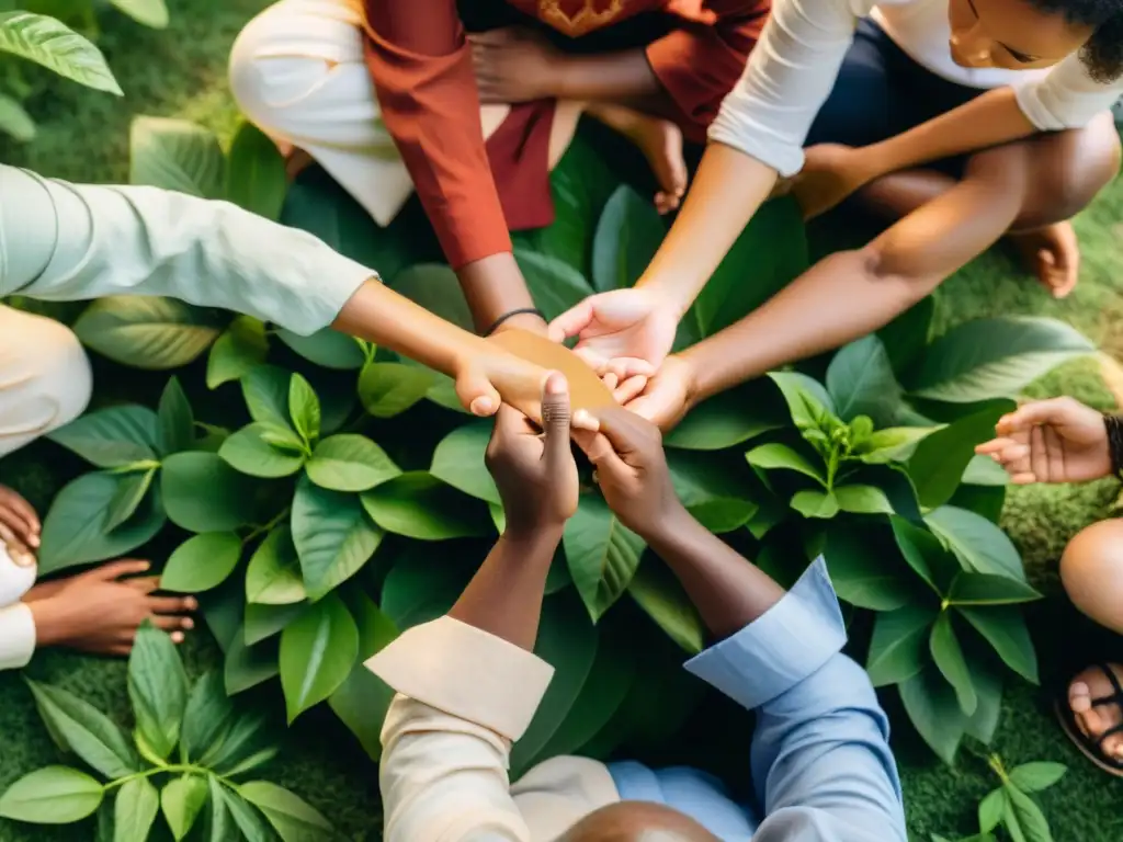 Grupo diverso participa en rituales de meditación para armonía espiritual al aire libre entre exuberante vegetación y suave luz solar